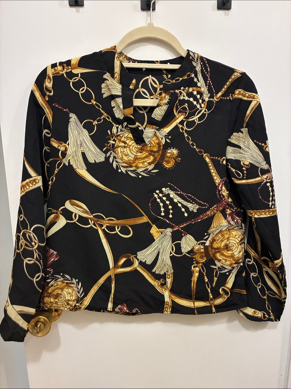 Y2K Women’s Black & Gold Baroque Print Long-Sleeve Blouse Versace Style